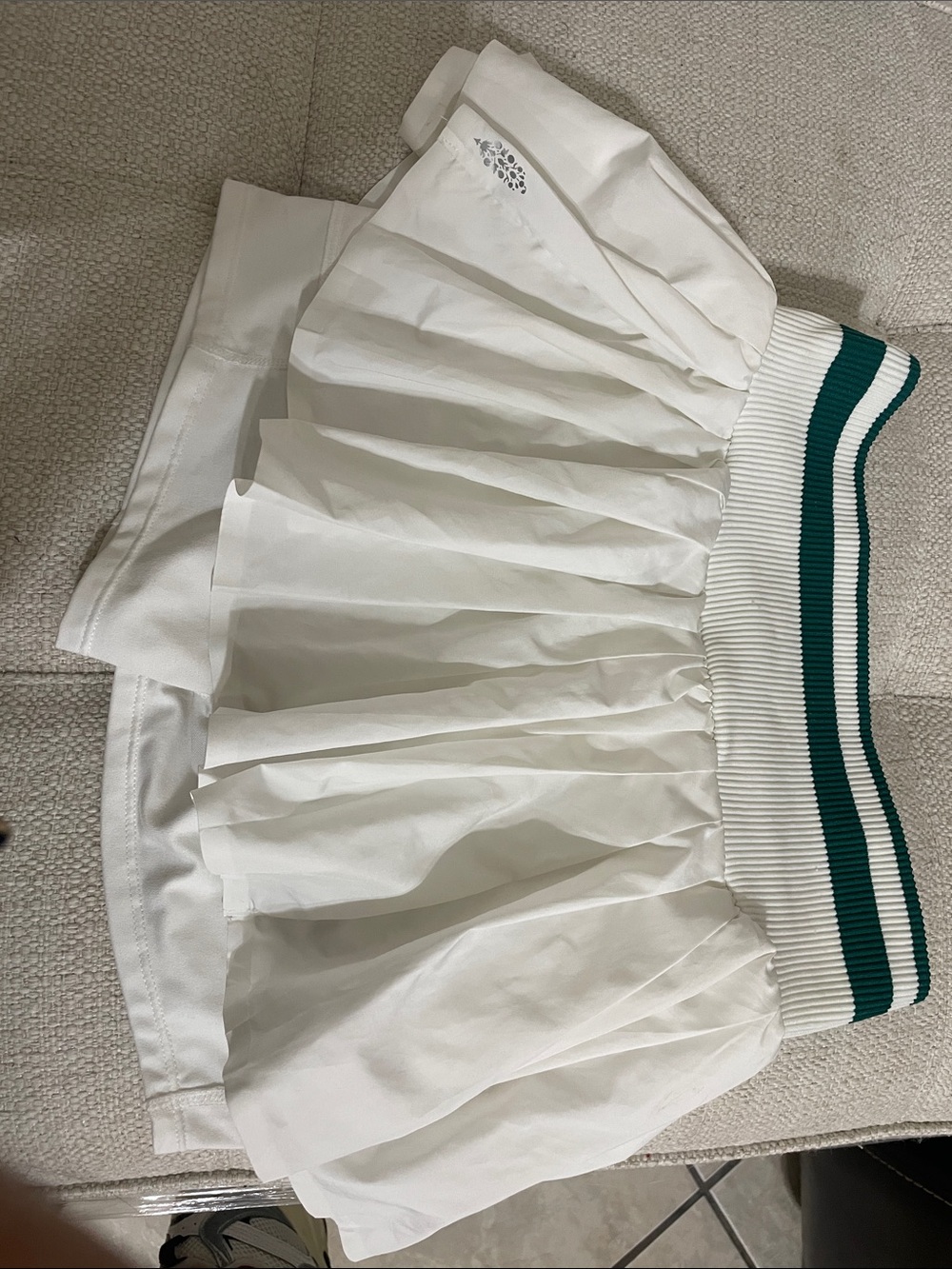 Free People White Pleated Skirt with Green Stripe Waistband